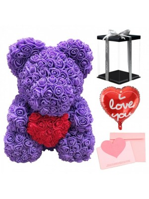 Purple Rose Teddy Bear Flower Bear with Red Heart with Balloon, Greeting Card & Gift Box for Mothers Day, Valentines Day, Anniversary, Weddings & Birthday