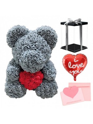 Grey Rose Teddy Bear Flower Bear with Red Heart with Balloon, Greeting Card & Gift Box for Mothers Day, Valentines Day, Anniversary, Weddings & Birthday