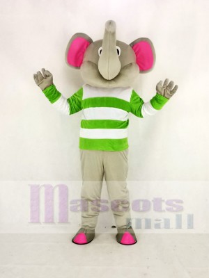 Gray Elephant with Green and White Cloth Mascot Costume Cartoon	