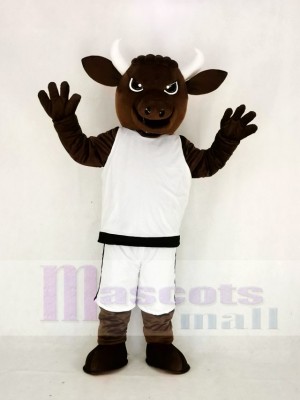 Brown Sport Power Bull with White Suit Mascot Costume College