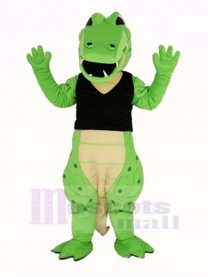 Power Green Crocodile in Black Vest Mascot Costume Animal