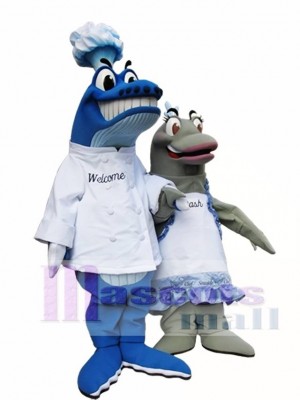 Blue Whale Chef on left Mascot Costumes