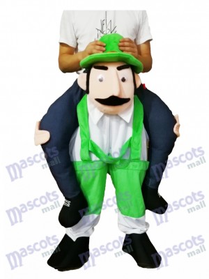 Piggyback Bearded Uncle Carry Me Ride Green Overalls Man Mascot Costume 