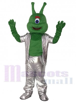 Green Alien in Silver Suit Mascot Funny Costume