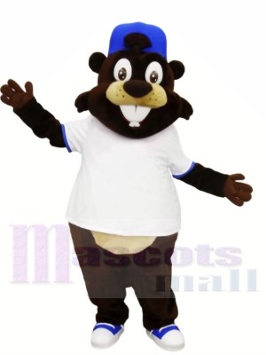 Smiling Beaver with White T-shirt Mascot Costumes Animal