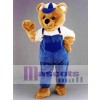Teddy Bear Mascot Costume with Hat and Blue Overalls