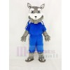 Power Gray Husky Dog with Blue T-shirt Mascot Costume Cartoon