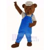 Teddy Bear in Blue Overalls Mascot Costume Cartoon