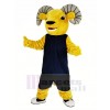 Light Brown Sport Ram with Blue Vest Mascot Costume Animal