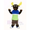 Brown Moose in Blue and Green T-shirt Mascot Costume