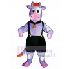 Cute Purple Cow with Overalls and Bell Mascot Costume