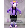 Cute Purple Cow with Overalls and Bell Mascot Costume