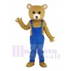 Brown Teddy Bear in Blue Overalls Mascot Costume Animal
