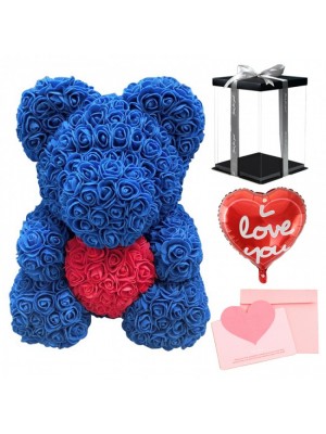 Blue Rose Teddy Bear Flower Bear with Red Heart with Balloon, Greeting Card & Gift Box for Mothers Day, Valentines Day, Anniversary, Weddings & Birthday