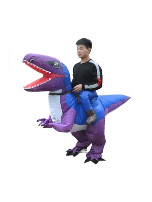 Blue and Purple Velociraptor Dinosaur Carry me Ride on Inflatable Costume for Adult