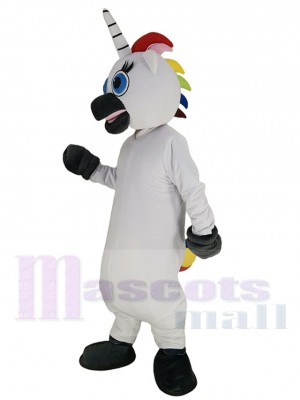 White Unicorn Mascot Costume Cartoon with Blue Eyes