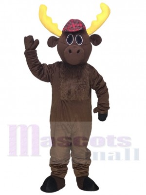 Cute Dark Brown Hunter Moose with Hat Mascot Costumes Animal