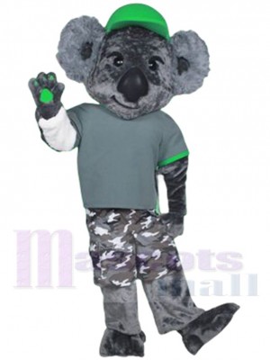 Grey Koala Joe Mascot Costume Animal wearing Green Hat