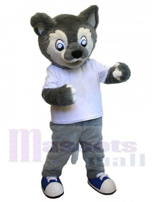 White T-shirt Grey Baby Wolf Mascot Costume Animal