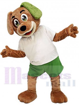 Brown Dog Mascot Costume in White and Green Outfit Animal