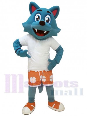 Happy Blue Wolf Mascot Costume in White T-shirt Animal