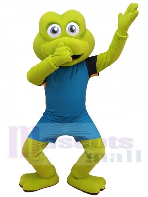 Green Frog Mascot Costume in Blue Jersey Animal