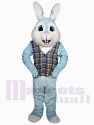 Blue Easter Bunny Mascot Costume Animal in Plaid Shirt