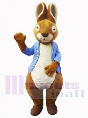 Brown Easter Bunny Mascot Costume Animal in Blue Shirt