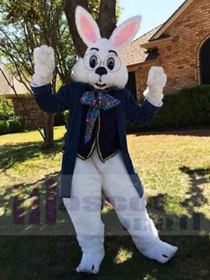 Friendly Easter Bunny Mascot Costume Animal in Blue Suit