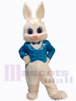 Lovely White Bunny Mascot Costume Animal in Blue Suit