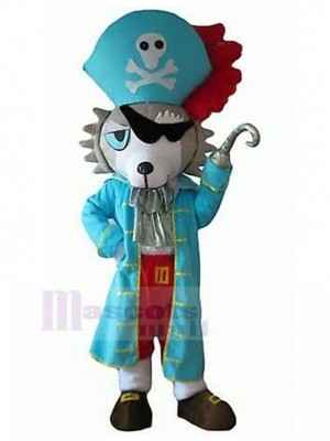 Gray and White Wolf Dog Mascot Costume with Blue Pirate Clothe Animal