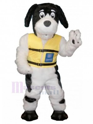 Black and White Hairy Dog Mascot Costume with Yellow Vest Animal