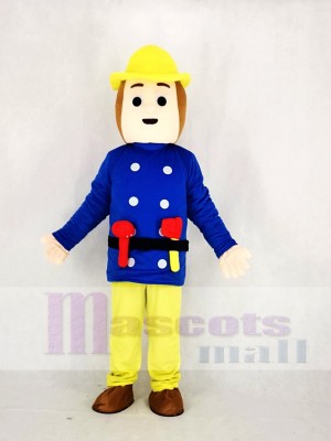 Realistic Fireman Sam In Blue Coat Mascot Costume Cartoon