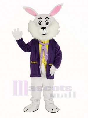 White Easter Bunny Rabbit in Purple Coat Mascot Costume