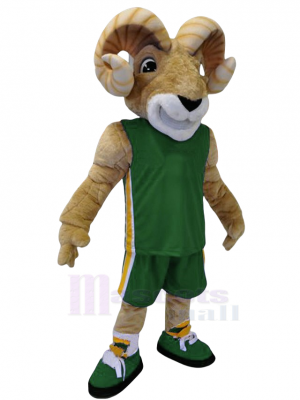 Ram Mascot Costume for Adults - Green Sports Jersey with Yellow Stripe - Full Body Animal Mascot Suit for School Spirit, Sports Events, Parties, and Cosplay