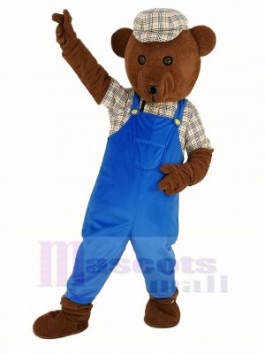 Teddy Bear in Blue Overalls Mascot Costume Cartoon