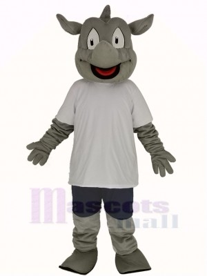 Rhino in White T-shirt Mascot Costume