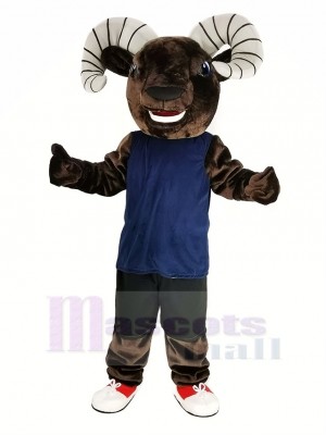 Dark Brown Sport Ram with Blue Vest Mascot Costume Animal