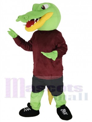 Green Alligator Mascot Costume in Maroon Shirt Animal