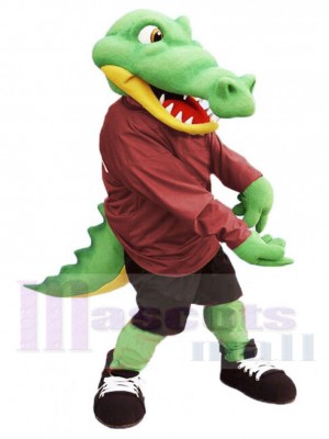 Alligator Mascot Costume in Maroon Shirt Animal