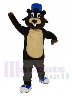 Brown Beaver with Blue Hat Mascot Costume