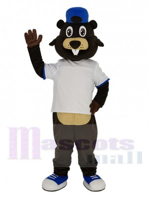 Brown Beaver in White T-shirt Mascot Costume