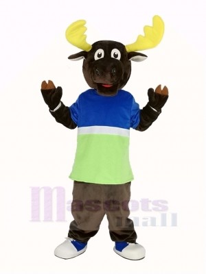 Brown Moose in Blue and Green T-shirt Mascot Costume