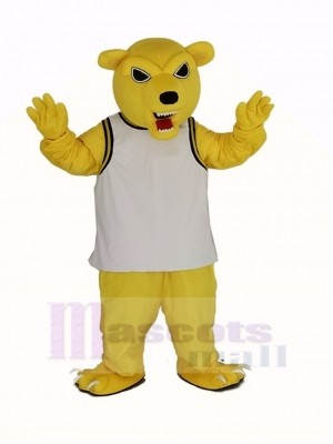 Power Fierce Yellow Bear in White Vest Mascot Costume