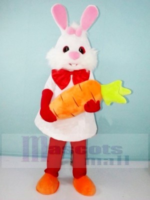 White Bunny Rabbit with Carrot Mascot Costumes Cartoon