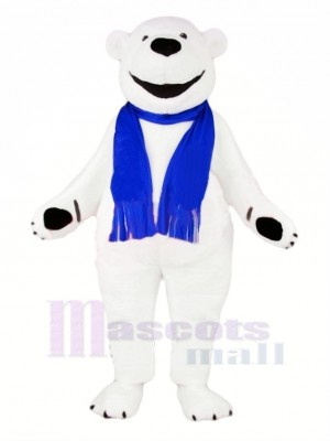 White Bear with Blue Scarf Mascot Costume Cartoon