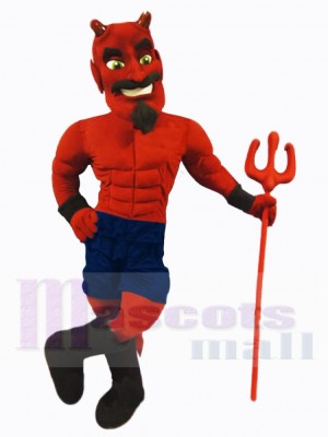 Red Devil Mascot Costume Cartoon in Blue Shorts