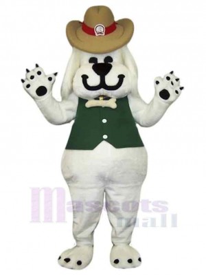 Smiling White Dog Mascot Costume Animal in Green Vest