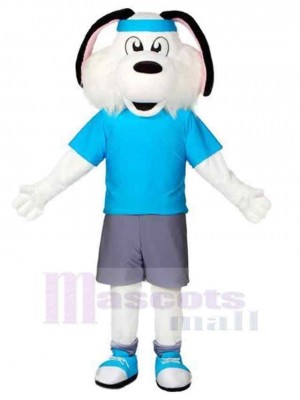 White Sport Dog Mascot Costume Animal in Blue T-shirt