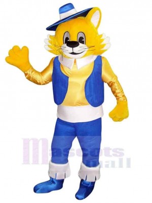 Yellow Cat Mascot Costume Animal in Blue Vest